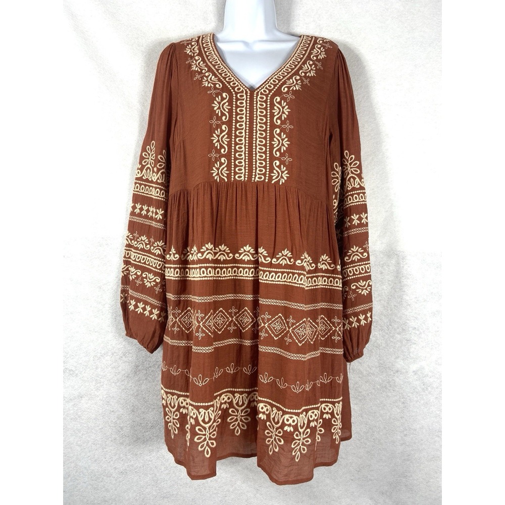 Savanna Jane Dress Women's Medium Rush Brown Shift Embroidered Long Sleeve Boho